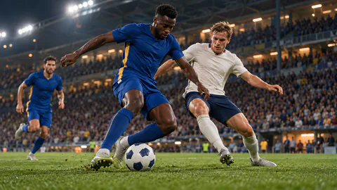 Fotbollsspelare i blå och ljusa dräkter kämpar om bollen på en upplyst arena.