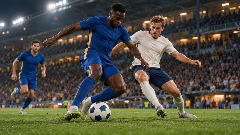 Fotbollsspelare i blå och ljusa dräkter kämpar om bollen på en upplyst arena.