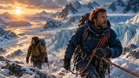 Två upptäcktsresande går över ett snötäckt landskap vid en glaciär.