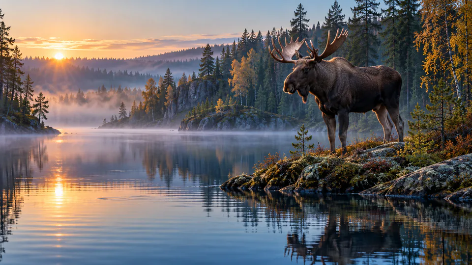 En älg står vid en stilla skogssjö i morgonljus.