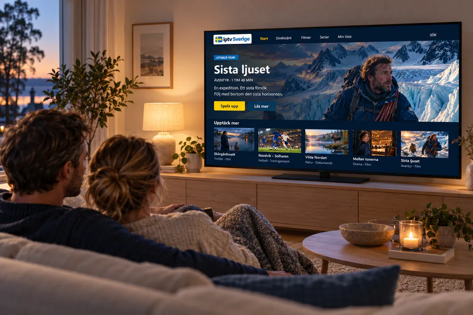 Två personer ser på TV med iptv Sverige i ett ljust vardagsrum.