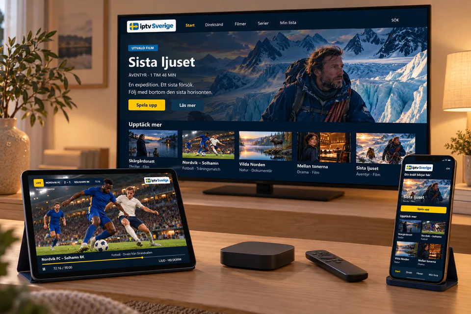 TV, surfplatta och mobil visar olika programvyer på ett ekbord.
