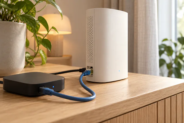 En blå nätverkskabel kopplar ihop en router och en liten TV-box på en ekmöbel.