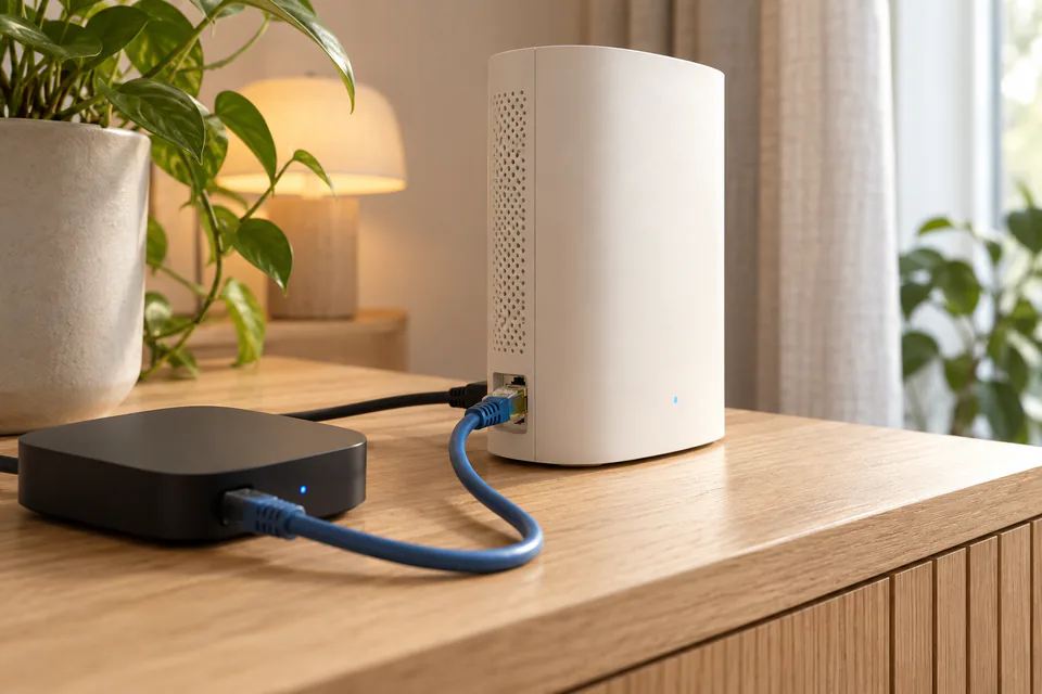 En blå nätverkskabel kopplar ihop en router och en liten TV-box på en ekmöbel.