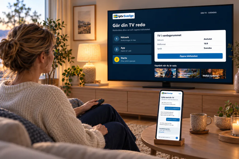 En person följer en installationsguide på TV:n med hjälp av en supportchatt i mobilen.