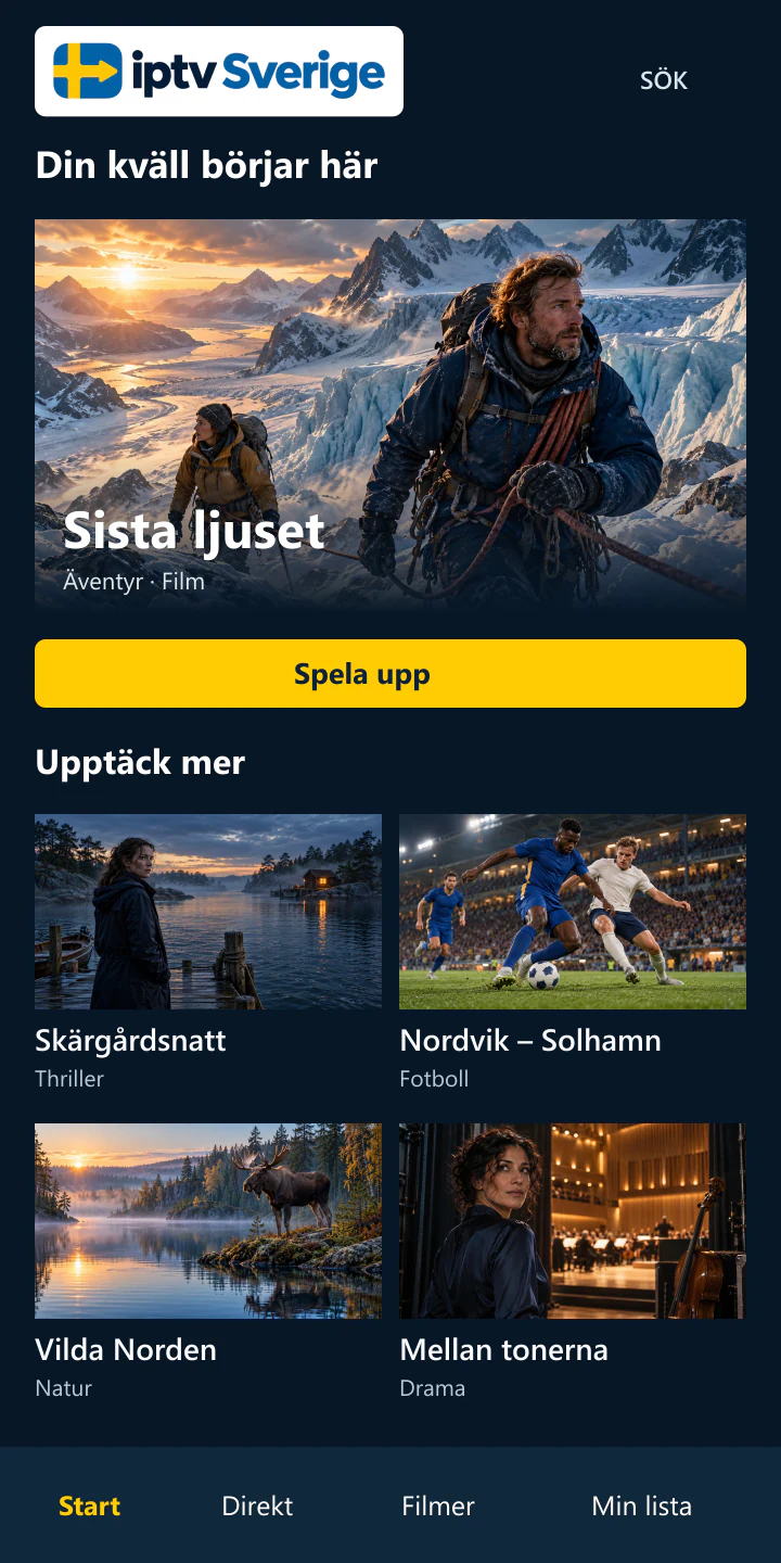 Ett mobilt programbibliotek med film, sport och dokumentärer.
