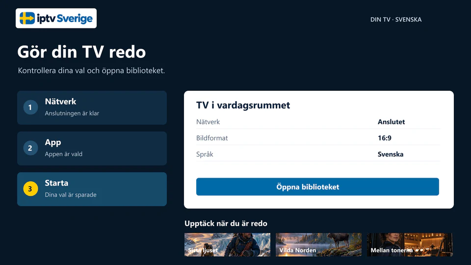 En svensk installationsvy med nätverk, app, språk och nästa steg.