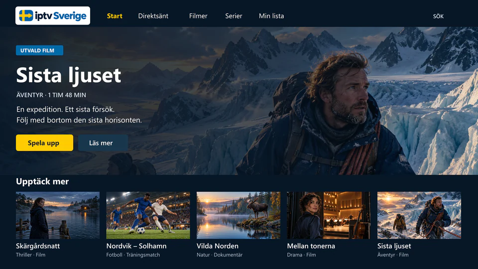 Startvyn i en IPTV-app med utvald film och rader med film, sport och dokumentär.