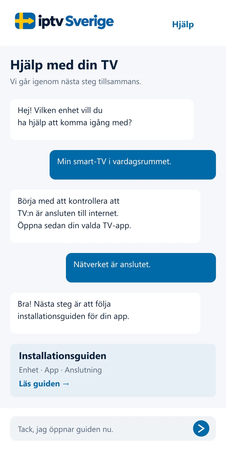 En supportchatt på svenska för att komma igång med en smart-TV.